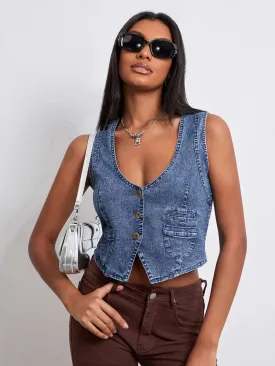 Y2K Button Down Denim Casual V-neck Sleeveless Cropped Crop Jean Top